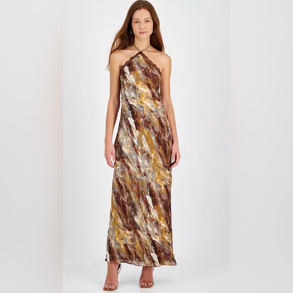 1.STATE Women's Printed Lace-Trim Halter Sleeveless Maxi Dress xs